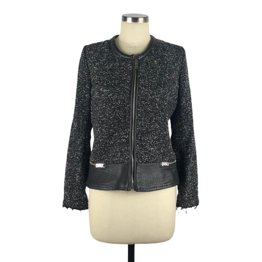 IRO Charlton Black Tweed Leather Moto Jacket Size 42 US 10 Biker Boucle Tweed
